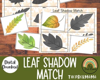 May include: A printable leaf shadow matching game for kids. The game features colorful leaves and their corresponding shadows. The game is titled "Leaf Shadow Match" and is a digital download.