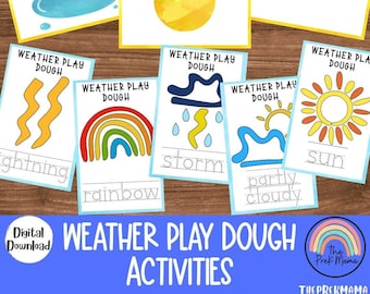 May include: Weather Play Dough Activities printable cards with images of a rainbow, lightning, storm, sun, and partly cloudy. The cards have a blue background and white outlines. The text "Weather Play Dough Activities" is in a rainbow font.
