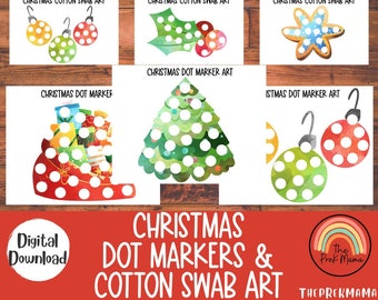 Peut inclure: Ensemble d'activités artistiques imprimables sur le thème de Noël. Les images incluent des boîtes cadeaux, des boules de Noël, une chaussette, un biscuit en forme d'étoile, un sapin de Noël et un sac du Père Noël, avec des motifs de points pour l'art au coton-tige ou au marqueur à points.