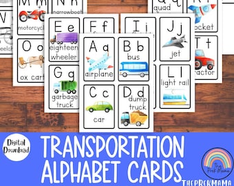 Transportation Alphabet Flash Cards, Alphabet Watercolor Flashcards, Preschool Alphabet, Preschool ABCs, Preschool Flashcards, Learning ABCs