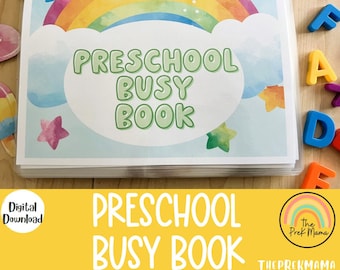 May include: A colourful rainbow and cloud design with the text "Preschool Busy Book" on a blue background. The book is in a binder with a black spine.