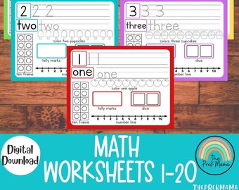May include: A set of colorful printable math worksheets for kids to practice counting numbers 1 through 20. Each worksheet features a number, the word for the number, a ten frame, tally marks, a number line, and a dice. The worksheets are designed to help children learn to count, write numbers, and understand the concept of quantity.