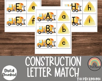 May include: A printable set of construction themed letter matching cards. The cards feature yellow cement trucks and yellow construction signs with uppercase and lowercase letters.