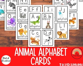 Schede flash con l'alfabeto degli animali, Flashcard con alfabeto ad acquerello, Alfabeto prescolare, ABC in età prescolare, Flashcard in età prescolare, Imparare l'ABC, Lettera