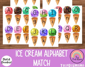 Correspondance de l&#39;alphabet de la crème glacée, activité pour les enfants, lettres préscolaires, jeu d&#39;association de l&#39;alphabet, feuille de travail préscolaire, reconnaissance des lettres