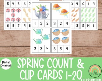 Spring Count and Clip Cards, Preschool Printable, Preschool Math, Kindergarten, Home School, Montessori, Printable, Printable Activity