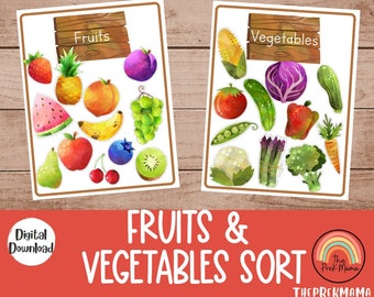 Könnte beinhalten: Zwei Lernkarten mit Aquarellillustrationen von Obst und Gemüse. Die "Obst"-Karte zeigt eine Erdbeere, eine Ananas und andere Früchte. Die "Gemüse"-Karte zeigt Mais, eine Tomate und anderes Gemüse. Der Text "FRUITS & VEGETABLES SORT" steht unten.