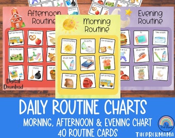 May include: A set of 40 colorful illustrated cards for children to use as a visual aid for daily routines. The cards are divided into three categories: morning, afternoon, and evening. Each card features a different activity, such as getting dressed, eating breakfast, or reading a book. The cards are designed to help children learn and understand the sequence of events in their daily lives.