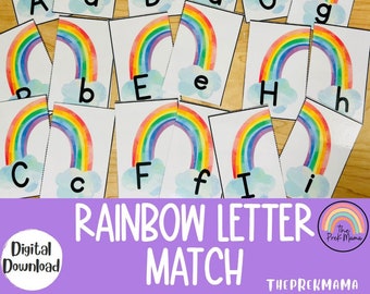 Op de afbeelding: Een set regenboogkleurige kaarten met hoofdletters en kleine letters van het alfabet. De kaarten zijn gelabeld "Rainbow Letter Match".