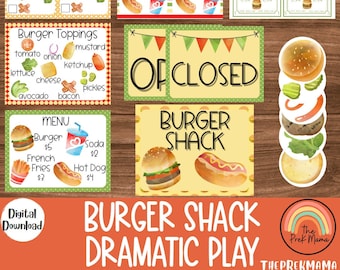 Hamburger Shack Dramatic Play, Pretend Play, Classroom Dramatic Play, Home Dramatic Play, Playroom, Restaurant, Preschool Printable,