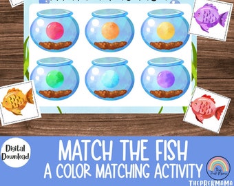 May include: A printable color matching activity for kids featuring six fish and six fishbowls with different colored bubbles. The title of the activity is "Match the Fish".