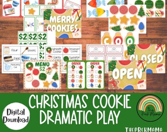 May include: A printable set of Christmas cookie play props for pretend play. The set includes signs for a cookie shop, a menu, order forms, and cookie decorations. The signs are decorated with a red and green Christmas theme.