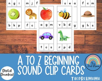 A à Z Beginning Sounds Clip Cards, Préscolaire imprimable|, Maternelle, Lettre Sons Préscolaire, Montessori, Phonique préscolaire