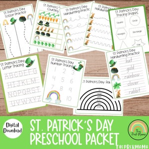 St. Patrick&#39;s Day Preschool Packet, Preschool Worksheets, Preschool Printable, Homeschool, Toddler Printable, St Patrick&#39;s Day Worksheet