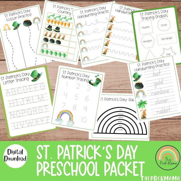 St. Patrick's Day Preschool Packet, Preschool Worksheets, Preschool Printable, Homeschool, Toddler Printable, St Patrick's Day Worksheet