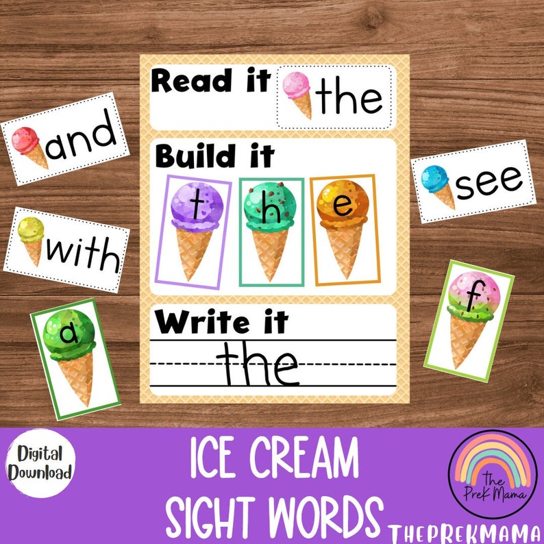 May include: A printable educational activity for kids featuring ice cream cones with letters to build the sight word "the". The words "and", "with", "see", and "the" are also included on separate cards. The title of the activity is "Ice Cream Sight Words".