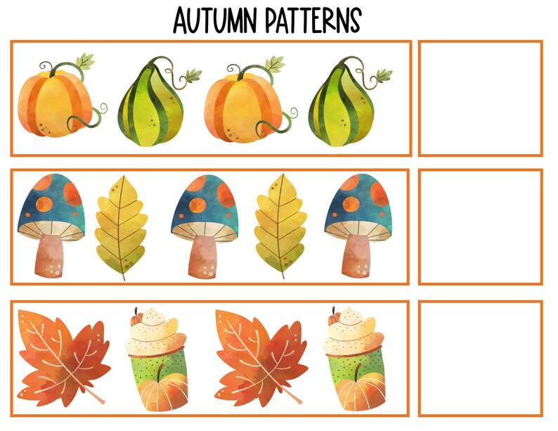 May include: A printable worksheet with the title "AUTUMN PATTERNS". The worksheet has three rows of autumn-themed images. The first row has pumpkins and gourds. The second row has mushrooms and leaves. The third row has leaves and cupcakes with pumpkins on top.
