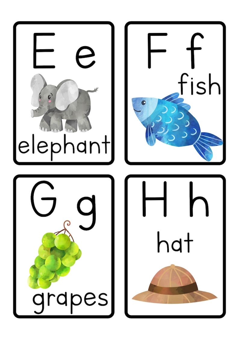 May include: Four alphabet flash cards with a letter, lowercase letter, picture, and word. The letters are E, F, G, and H. The pictures are an elephant, a fish, grapes, and a hat.