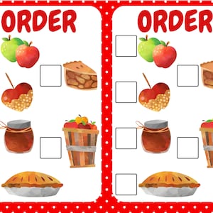 May include: A printable worksheet with the word "ORDER" at the top. The worksheet has two columns with images of apples, apple pie, caramel apples, apple butter, and a basket of apples. The user is asked to put the images in order.