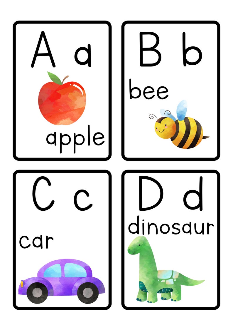 May include: Four alphabet flashcards with watercolor illustrations. The first card shows the letter A with a red apple. The second card shows the letter B with a yellow and black bee. The third card shows the letter C with a purple car. The fourth card shows the letter D with a green dinosaur.