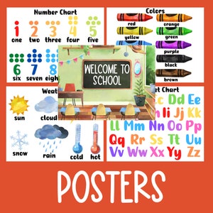 May include: A set of colorful educational posters for children. The posters feature a number chart, alphabet chart, color chart, and weather chart. The posters are illustrated with bright colors and fun images.