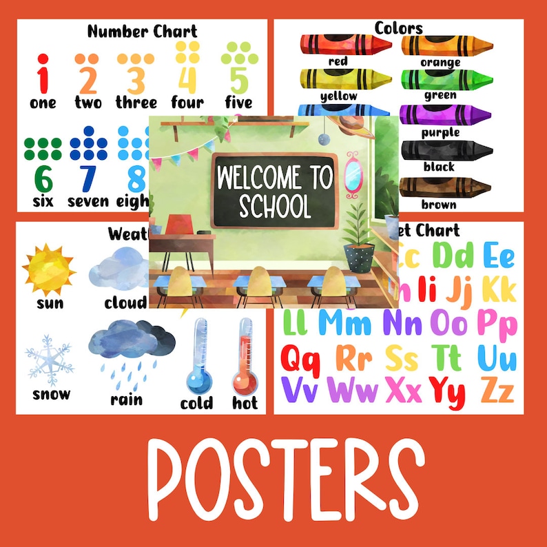 May include: A set of colorful educational posters for children. The posters feature a number chart, alphabet chart, color chart, and weather chart. The posters are illustrated with bright colors and fun images.