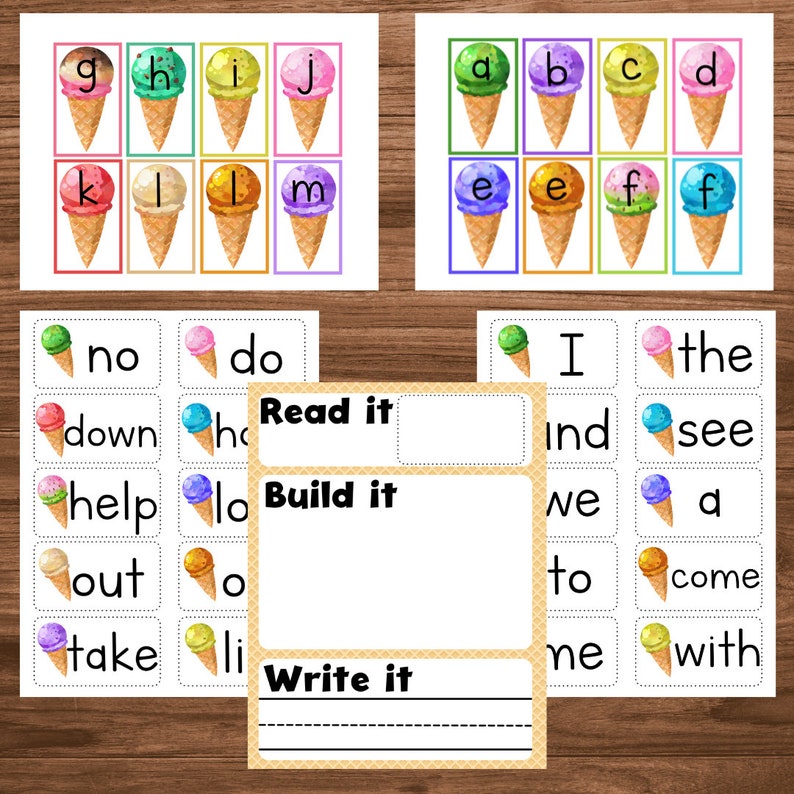 May include: A printable educational activity for kids featuring ice cream cones with letters on them. The activity includes reading, building, and writing sections. The text on the page includes "Read it", "Build it", "Write it", "no", "do", "down", "help", "out", "take", "I", "the", "ind", "see", "we", "a", "to", "come", "me", "with".