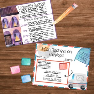 May include: Two printable worksheets for kids to learn about addresses. The first worksheet features a cartoon house with a purple and pink watercolor background. The second worksheet features a cartoon mail truck and mailbox with a red, white, and blue watercolor background. The text on the worksheets reads "I Know My Address" and "I Can Address an Envelope".