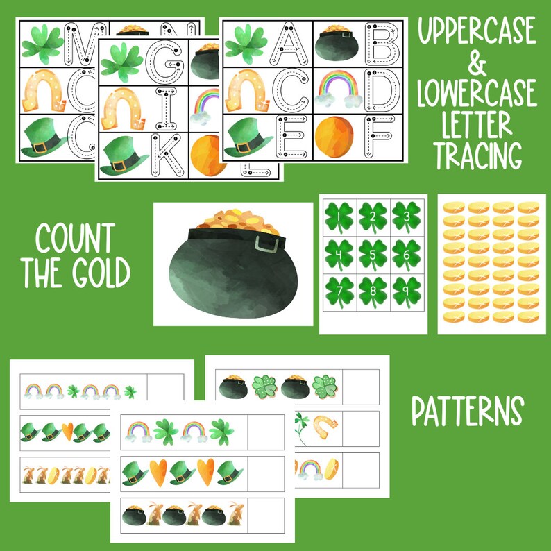 K&ouml;nnte beinhalten: Ein ausdruckbares St. Patrick's Day-Aktivit&auml;tsblatt mit Buchstaben zum Nachzeichnen, Z&auml;hlen von Goldm&uuml;nzen und Mustererkennungs&uuml;bungen. Das Blatt zeigt Kleebl&auml;tter, Koboldh&uuml;te, Regenb&ouml;gen und Goldm&uuml;nzen.