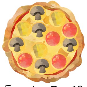 May include: A watercolor illustration of a pizza with mushrooms, pepperoni, and pineapple. The pizza has a yellow crust and is topped with red sauce. The equation 5 + 4 + 3 = 12 is written below the pizza.