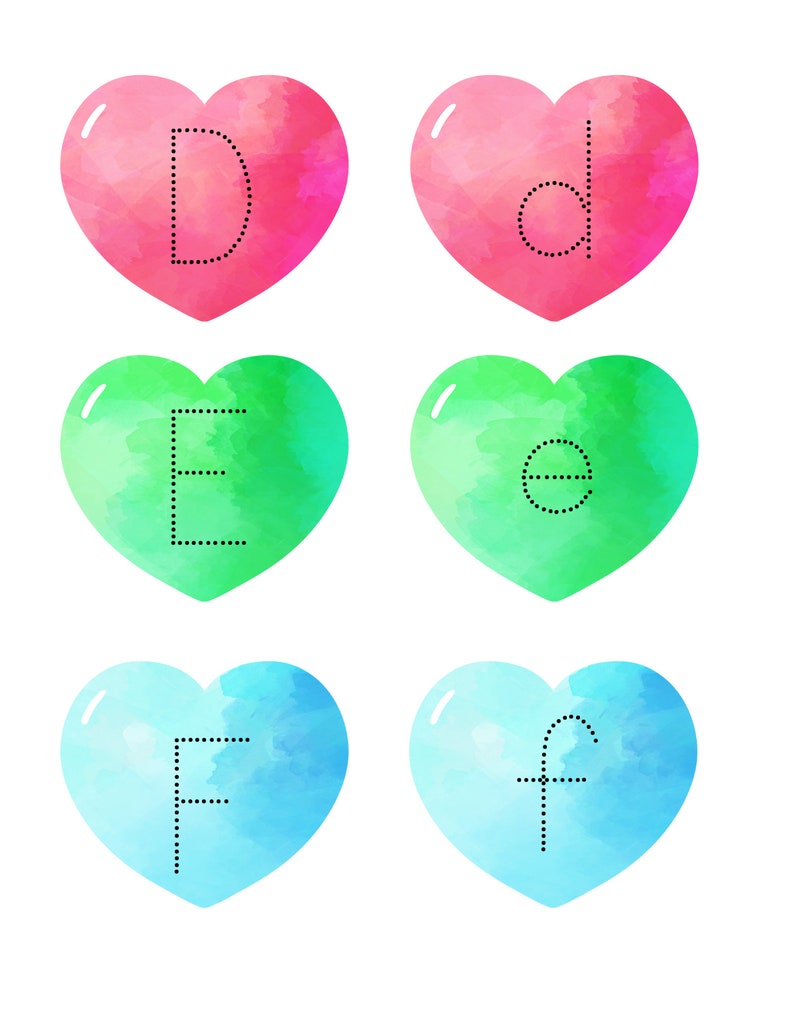 May include: Six watercolor hearts with dotted lines forming the letters D, E, and F in uppercase and lowercase. The hearts are pink, green, and blue.