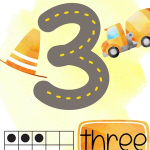 May include: A gray number three with a yellow dotted line road going through it. A yellow construction truck is driving on the road. There are three black dots in a row in a grid of squares. The word "three" is written in black on a yellow rectangle.