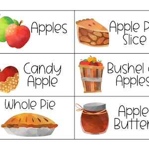 May include: A set of watercolor illustrations of various apple-themed treats, including apples, candy apples, apple pie, apple pie slices, a bushel of apples, and apple butter. The illustrations are in a cartoon style and are perfect for use in a fall-themed craft project.