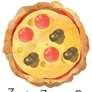 May include: A watercolor illustration of a pizza with pepperoni and black olives. The pizza has a yellow crust and red sauce. The image includes the math equation 3 + 3 = 6.