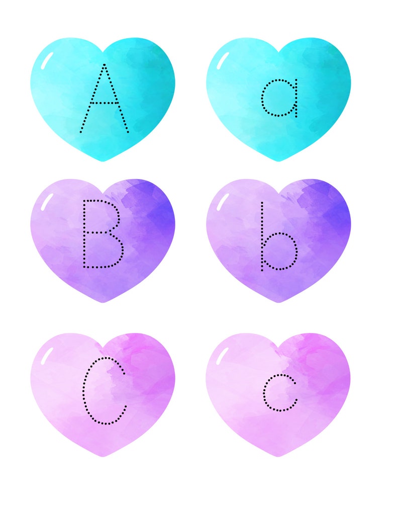 May include: Six watercolor hearts with dotted lines forming the letters A, a, B, b, C, and c. The hearts are in shades of blue, purple, and pink.
