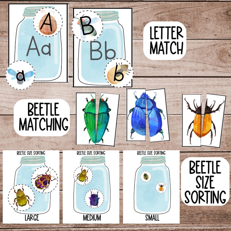 May include: A printable set of educational activity cards for kids featuring colorful illustrations of beetles and letters. The cards include a letter matching activity and a beetle size sorting activity. The cards are labeled "Beetle Matching" and "Beetle Size Sorting".