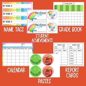 May include: Printable classroom organization and management resources. Includes name tags, a grade book, a calendar, student achievement awards, hall passes, and report cards.