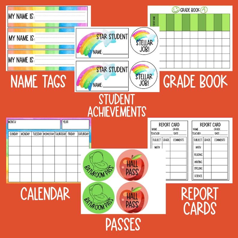 May include: Printable classroom organization and management resources. Includes name tags, a grade book, a calendar, student achievement awards, hall passes, and report cards.