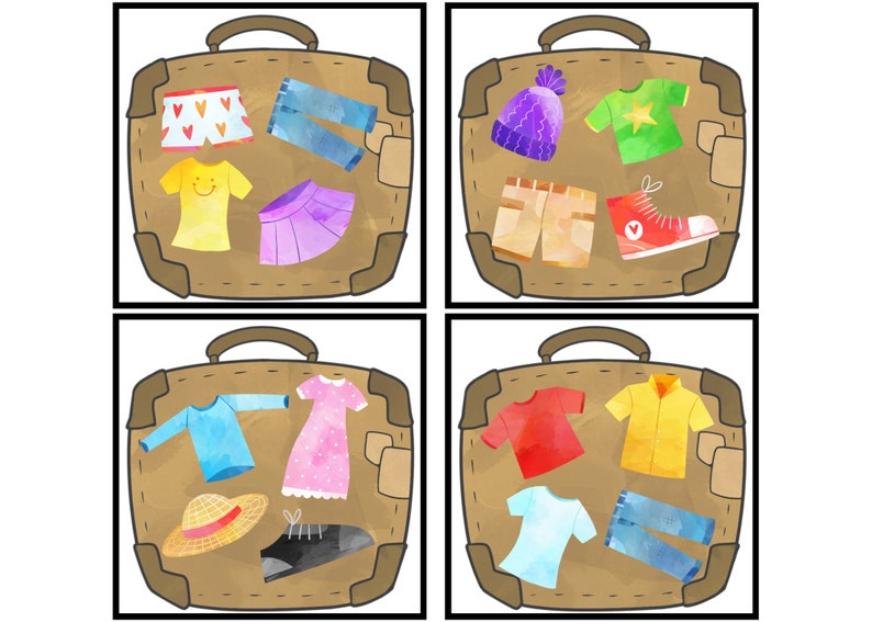 May include: Four brown suitcases with different clothing items inside. The suitcases are open and the clothing items are visible. The clothing items include a hat, a pair of pants, a shirt, a dress, a pair of shoes, and a pair of underwear.