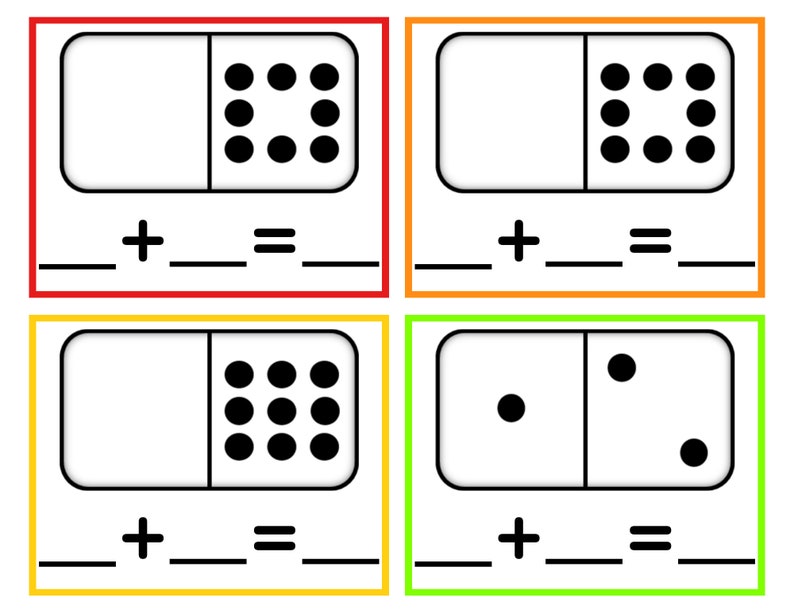 May include: A printable worksheet with four dominoes, each with a different number of dots. The dominoes are arranged in a grid with a plus sign and an equals sign below each domino. The worksheet is designed for children to practise addition.