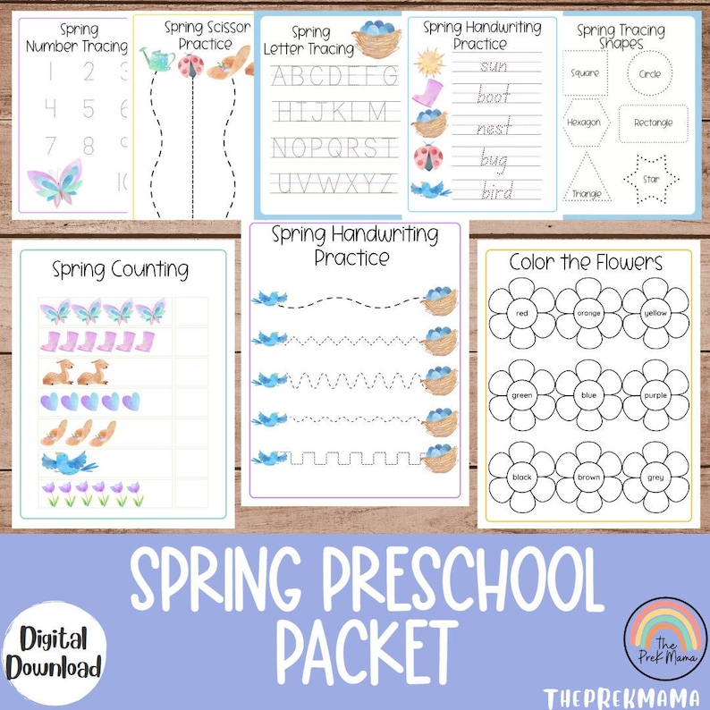 Paquete preescolar de primavera, Hojas de trabajo preescolar, Preescolar imprimible, Jardín de infantes, Educación en el hogar, Imprimible para niños pequeños, Jardín de infantes, Impresión de primavera imagen 1