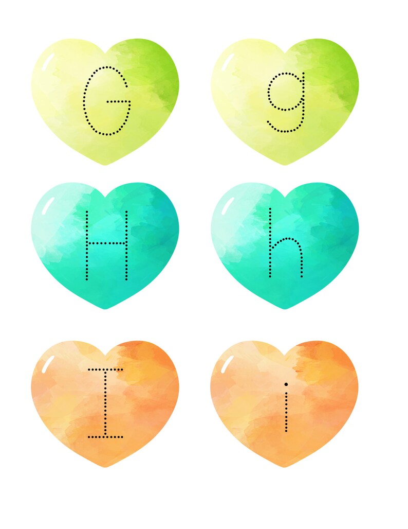May include: Six watercolor hearts with dotted lines tracing the letters G, g, H, h, I, and i.  These hearts are perfect for learning the alphabet.