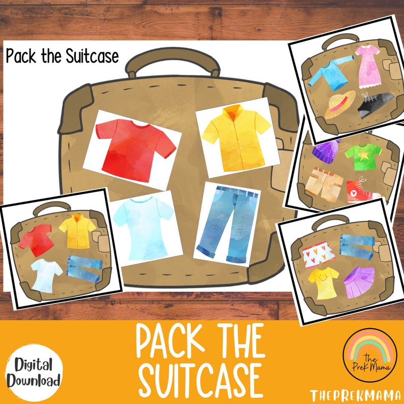 May include: A printable activity for kids featuring a brown suitcase with various clothing items to pack. The activity includes a large suitcase with four empty slots and four smaller suitcases with different clothing items already packed. The text "Pack the Suitcase" is written in large letters at the bottom of the page.