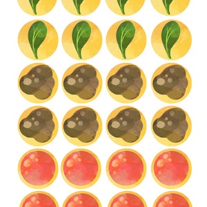 K&ouml;nnte beinhalten: Ein Satz mit 20 runden Aufklebern mit verschiedenen Aquarell-Illustrationen. Die Aufkleber sind gelb mit wei&szlig;em Rand und zeigen Bilder von gr&uuml;nen Bl&auml;ttern, braunen Erdklumpen und roten Beeren.