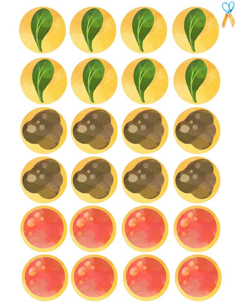 K&ouml;nnte beinhalten: Ein Satz mit 20 runden Aufklebern mit verschiedenen Aquarell-Illustrationen. Die Aufkleber sind gelb mit wei&szlig;em Rand und zeigen Bilder von gr&uuml;nen Bl&auml;ttern, braunen Erdklumpen und roten Beeren.