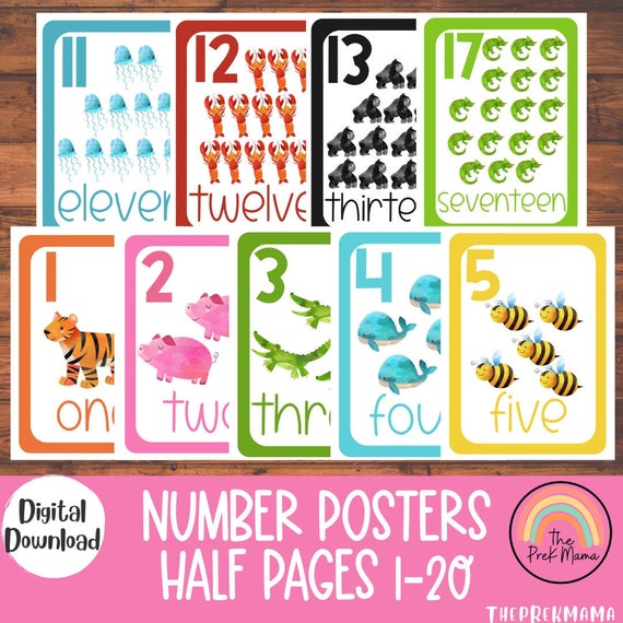 Number Posters (half pages), Math Activity, Preschool Printable Preschool Math Preschool Worksheet, Montessori Printable, Educational Poster
