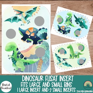 May include: Printable dinosaur-themed flisat insert activity for toddlers. The set includes one large insert and two smaller inserts. The inserts feature colorful watercolor illustrations of dinosaurs.