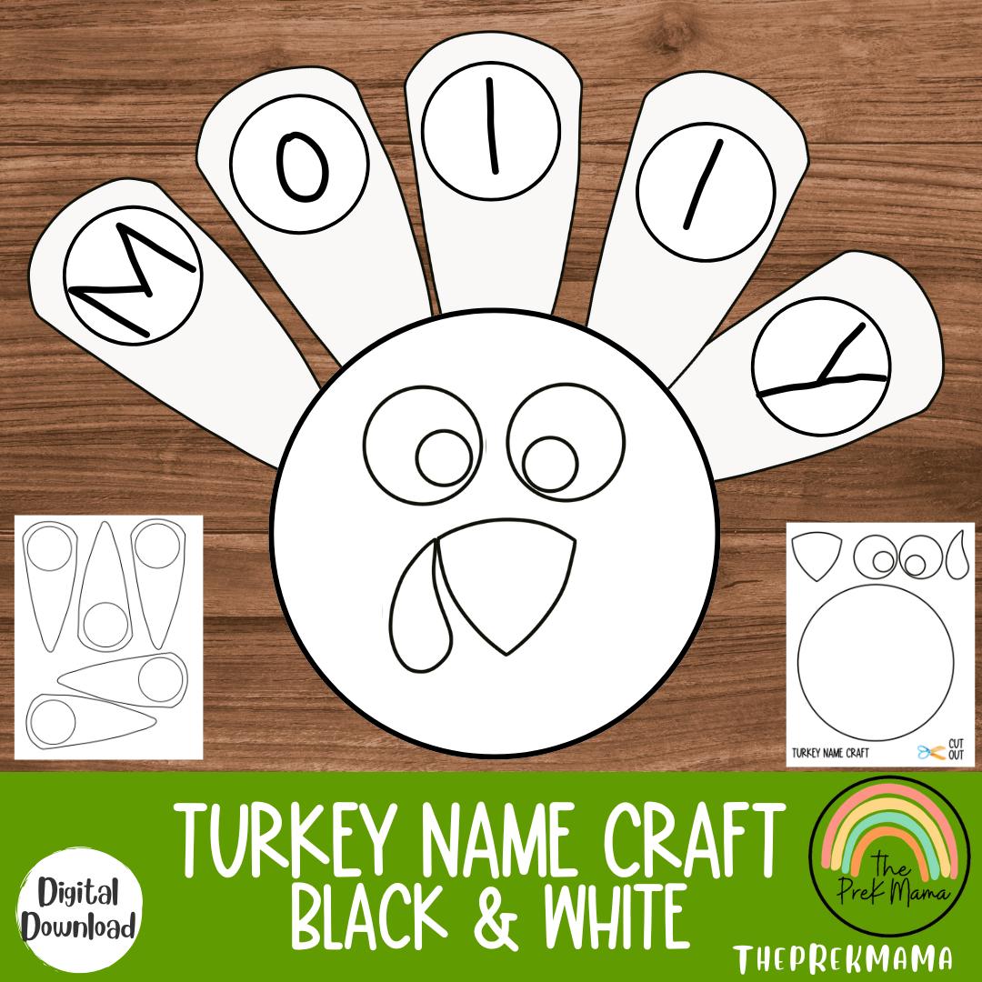 turkey name craft black and white version, fall activity for kids