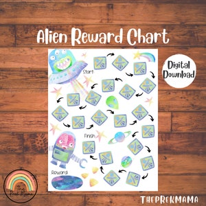 May include: A printable alien-themed reward chart with a green alien in a spaceship at the top, a robot with a brain at the bottom, and a maze of spaceships and stars in the middle. The chart says "Alien Reward Chart", "Start", "Finish", and "Reward".