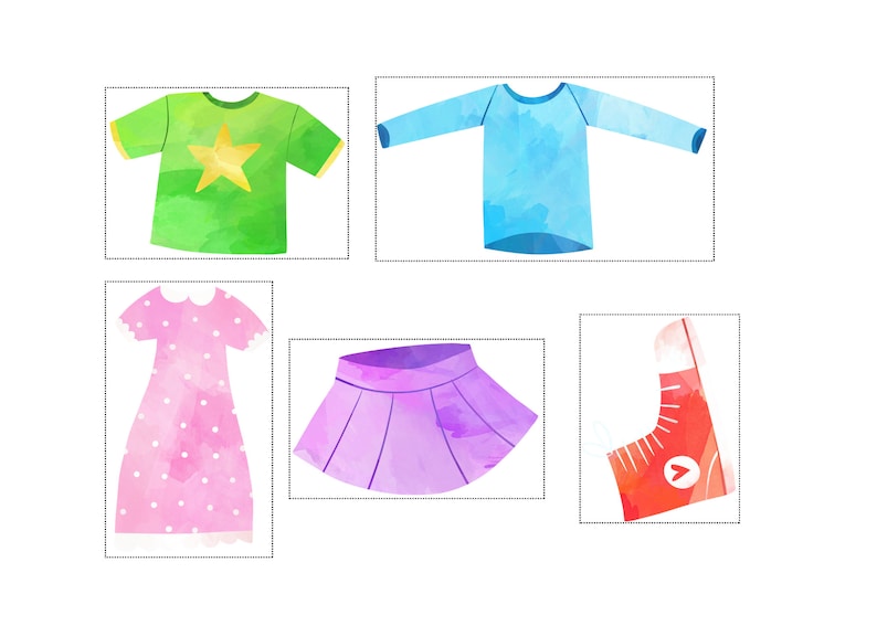 May include: Five watercolor illustrations of clothing items: a green t-shirt with a yellow star, a light blue long-sleeved shirt, a pink dress with white polka dots, a purple skirt, and a red sneaker.
